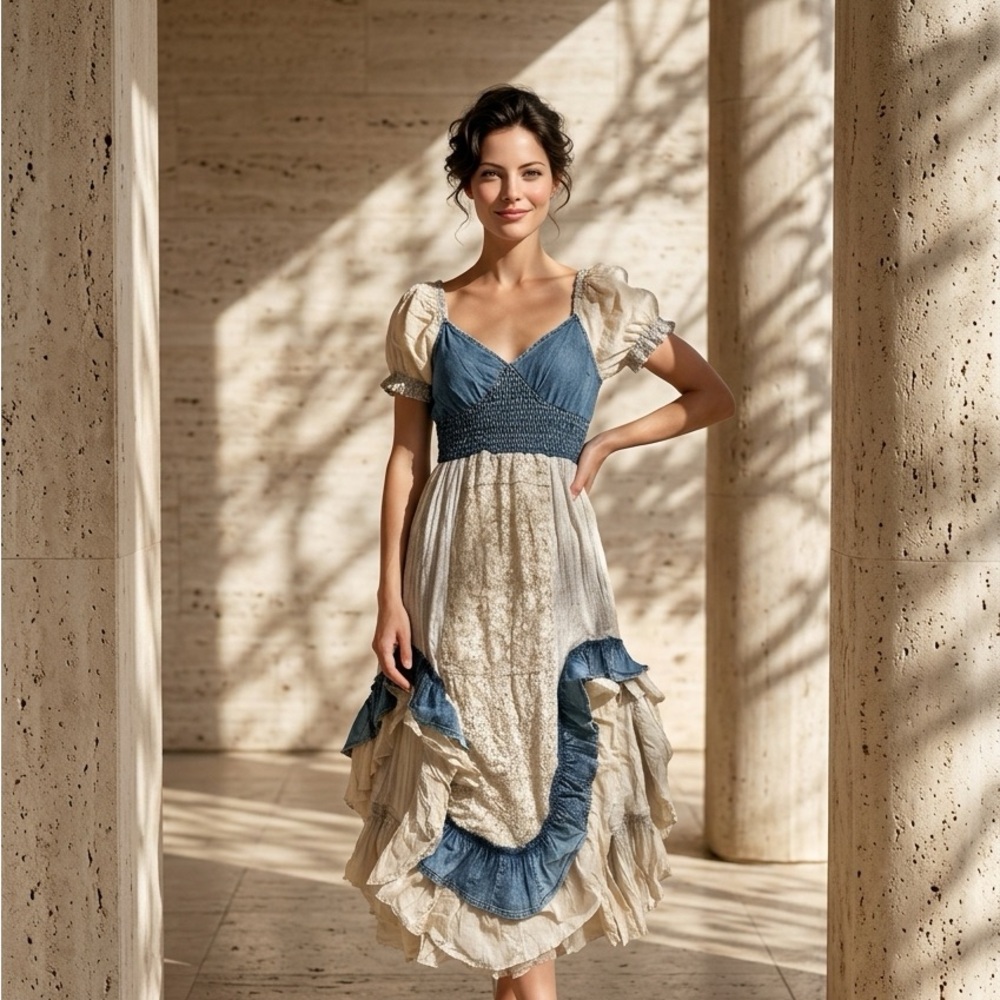 Blue and Cream Midi Dress with Ruffle Detail